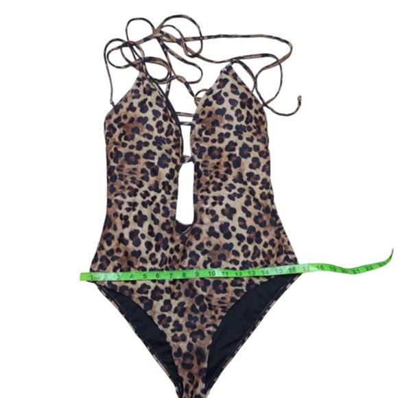 NEW One Piece Plunge Strappy Criss Cross Tie Leopard Print Swimsuit Women's L - Picture 6 of 7